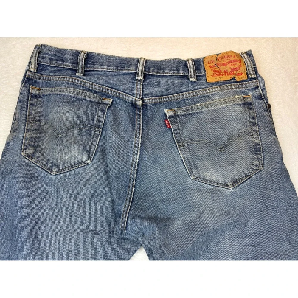 Vintage Levis 517 Bootcut Jeans Mens 36x34 Distressed Blue Denim 90s Grungy Cut